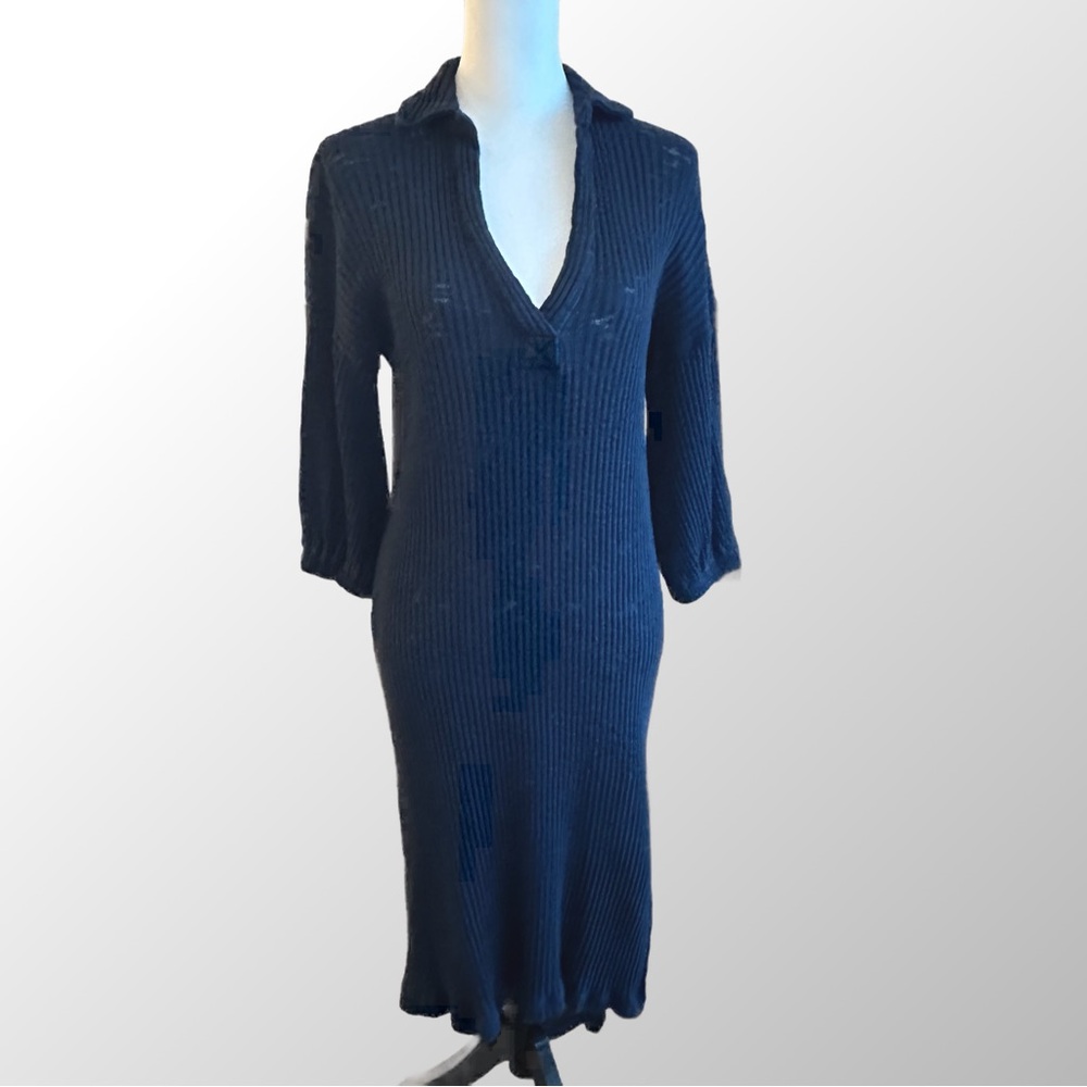 Free People Beach Midi Dress‎ Women's XS Navy Blue Ribbed Knit Collared V-Neck